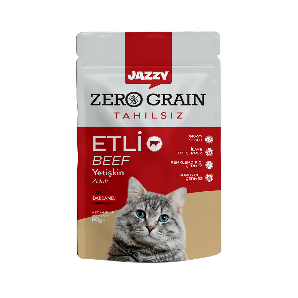 Jazzy Yaş Kedi Maması Tahılsız Yetişkin Dana Etli 80Gr