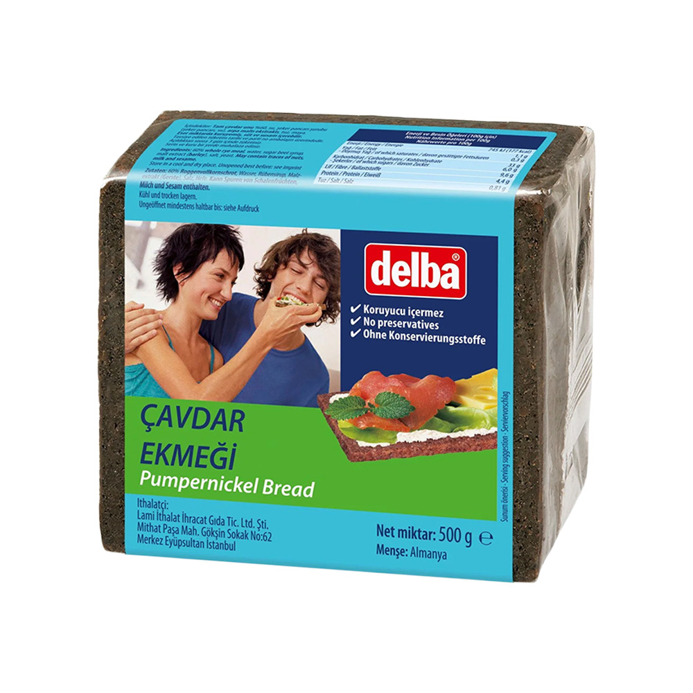 Delba Pumpernickel Tam Tahıllı Siyah Çavdar Ekmeği 500Gr